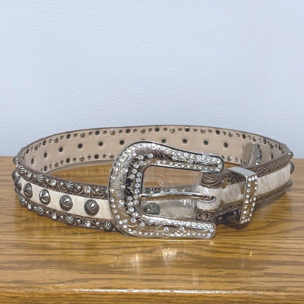 Angel Ranch Womens Brown Tooled Leather Hair on Hide Crystal Studded Belt L